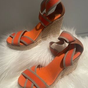 Tory Burch Orange and Tan Espadrille Wedges